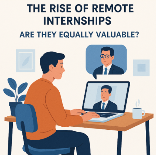 Text on image reads: "The Rise of Remote Internships | Are They Equally Valuable for Students and Employers?" — representing the shift from traditional to virtual internships.