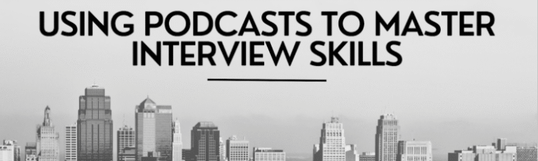 Person learning interview skills through audio job preparation with podcasts on headphones.