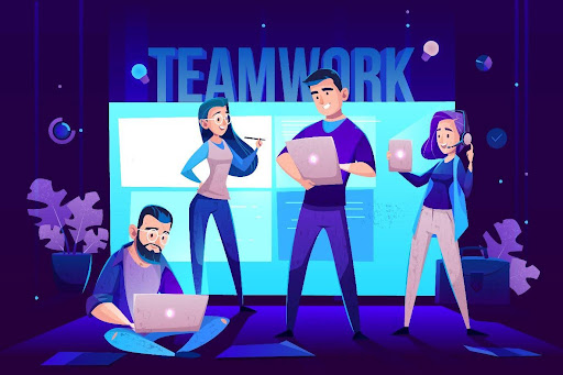 Illustration of diverse team members using laptops, tablets, and headphones while collaborating, symbolizing balancing multigenerational teams and workplace harmony.