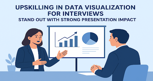 Professional candidate showcasing data visualization for interviews with charts and graphs, highlighting upskilling in data visualization and strong presentation impact.