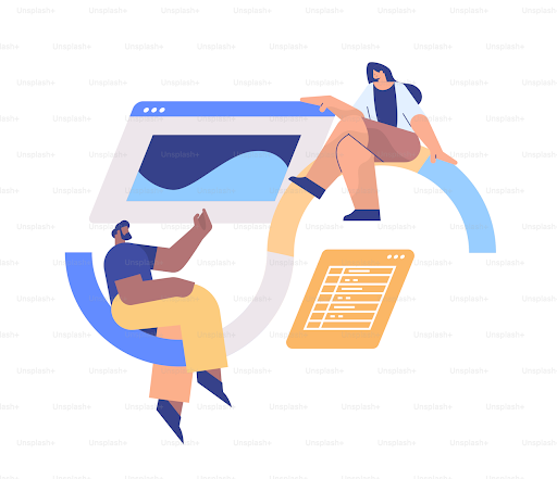 Illustration of professionals collaborating with digital tools symbolizing consulting bootcamp placement and intensive interview training.