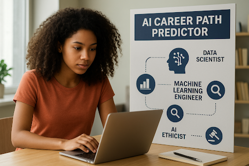 AI career path prediction guiding students in choosing the right career based on skills, interests, and market trends.