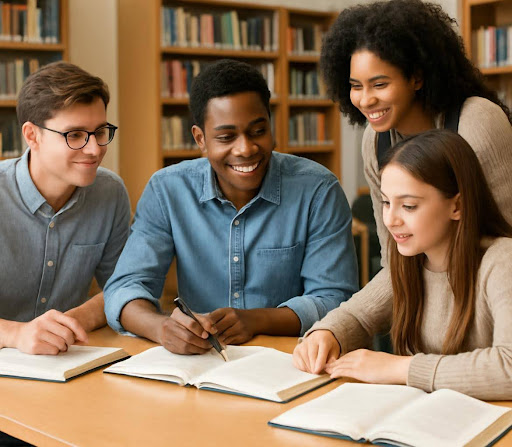 College student mentoring programs guiding high school students in a workshop.