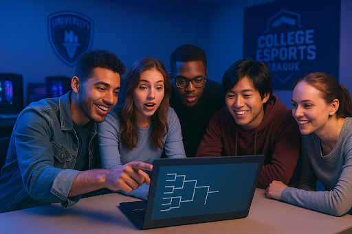 Students collaborating on a laptop to plan a Campus esports league and prepare for student competition