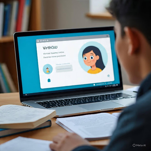 Student using a study buddy app on laptop to stay focused and motivated during online learning