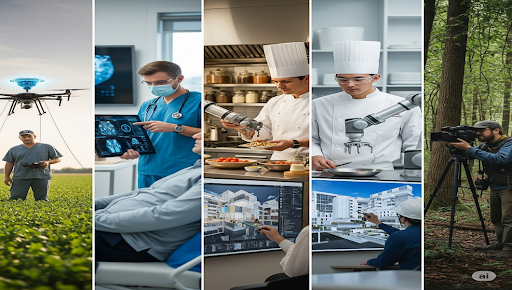 Illustration showing AI skills nontech jobs in healthcare, agriculture, culinary arts, architecture, and media with digital upskilling tools.