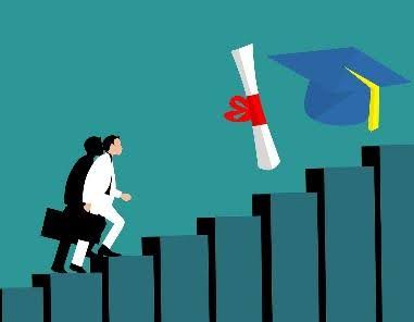 Illustration of a graduate climbing stairs toward a degree and graduation cap, symbolizing cross-border career opportunities and global success.