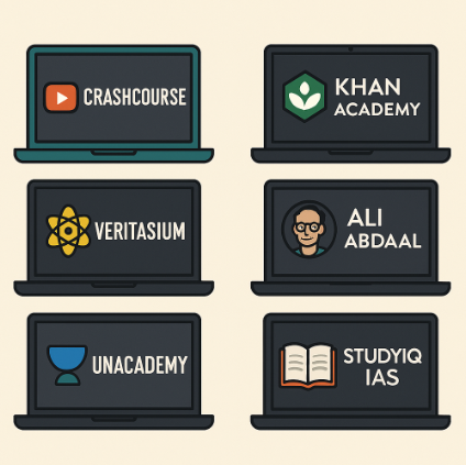 Top YouTube educational content channels for digital learning in 2025 including CrashCourse, Khan Academy, Veritasium, Ali Abdaal, Unacademy, and StudyIQ IAS.
