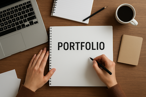 Portfolio for young professionals being prepared for a job application, showing hands writing in a notebook beside a laptop, coffee, and stationery.