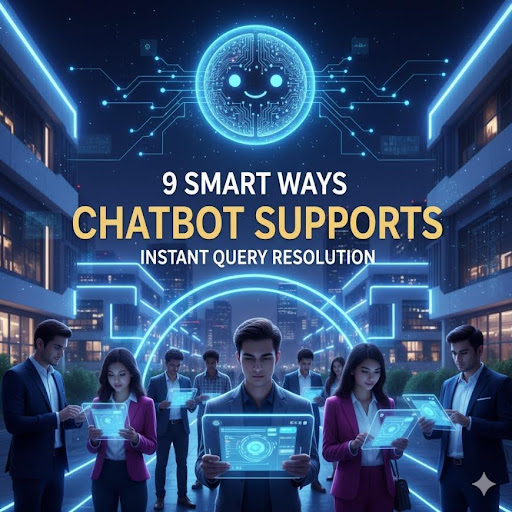 Illustration showing chatbot student support system providing instant query resolution to learners using AI technology.