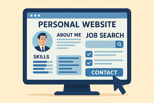 Professional creating a personal website to showcase portfolio, resume, and blog, improving online presence for job search and career growth.