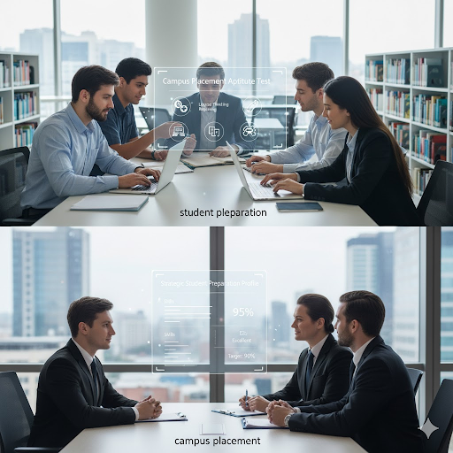 Students practicing interview skills and coding exercises for campus placement preparation