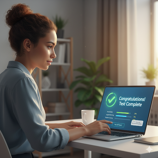Candidate receiving instant test feedback with actionable candidate guidance on a laptop screen