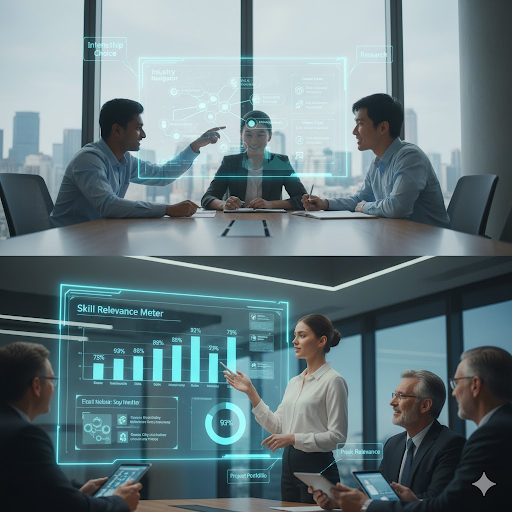 Students discussing internship choice strategies to maximize skill relevance and career success.