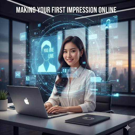 Young professional updating LinkedIn profile, organizing social media, and checking email etiquette to create a strong online impression before their first day.