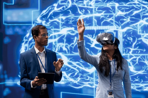 Employees experiencing VR training through immersive learning in a corporate environment.