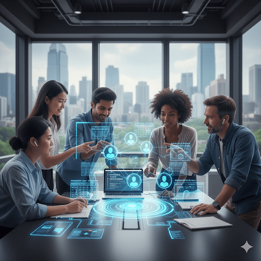 Professionals working remotely in flexible fractional hiring roles across multiple organizations in 2025 gig economy