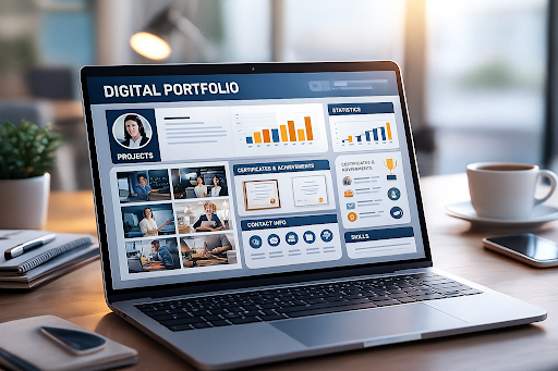 Professional creating a digital portfolio to highlight skills and achievements in non-tech jobs
