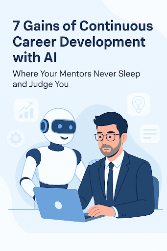Illustration of a career mentor AI providing personalized AI advice to a professional, analyzing strengths, weaknesses, and career goals for continuous development.
