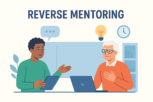 Illustration of reverse mentoring in action, with juniors guiding seniors to adopt new tools and ideas, promoting workplace innovation.