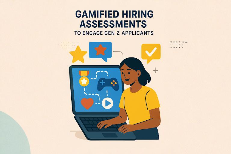 Gen Z candidates participating in a gamified assessment on digital devices, showcasing interactive and skill-based evaluation for youth careers.